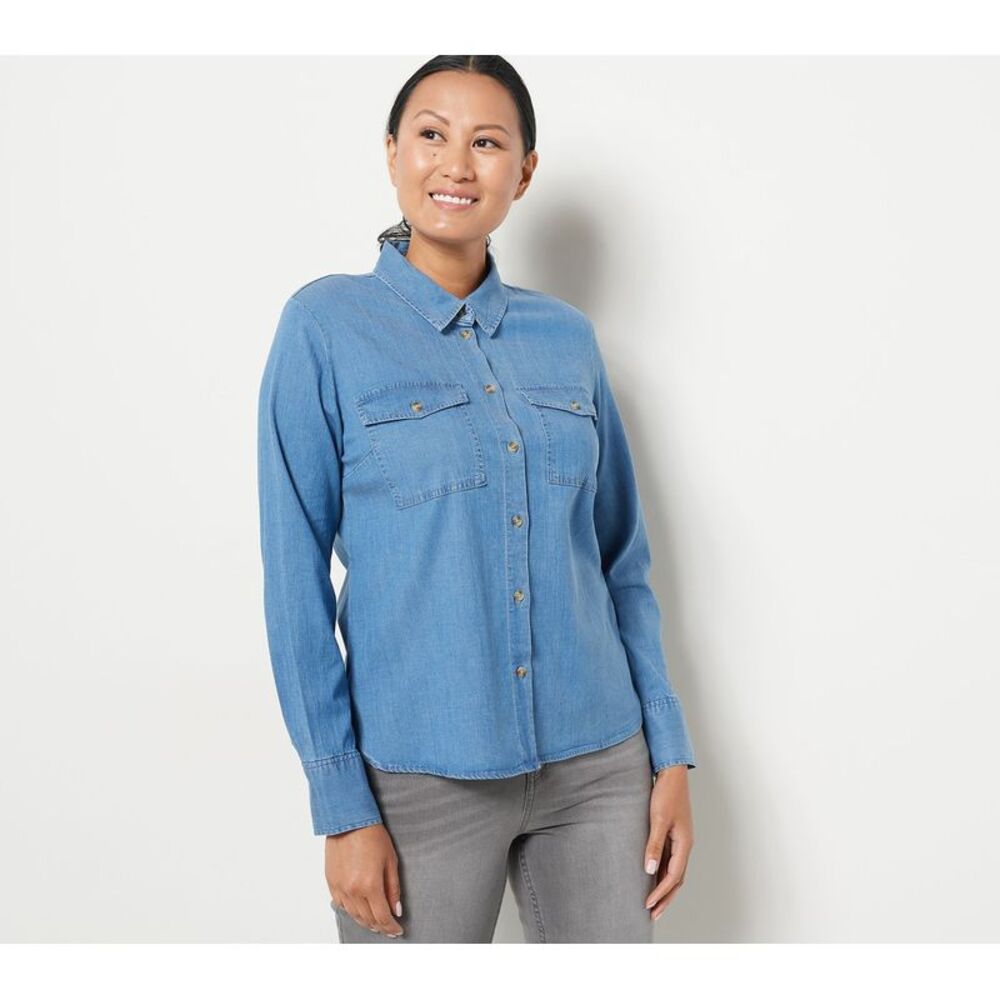 Candace Cameron Bure Women's Top Sz XS Chambray DenimTencel Hi-LoButton Blue NWT